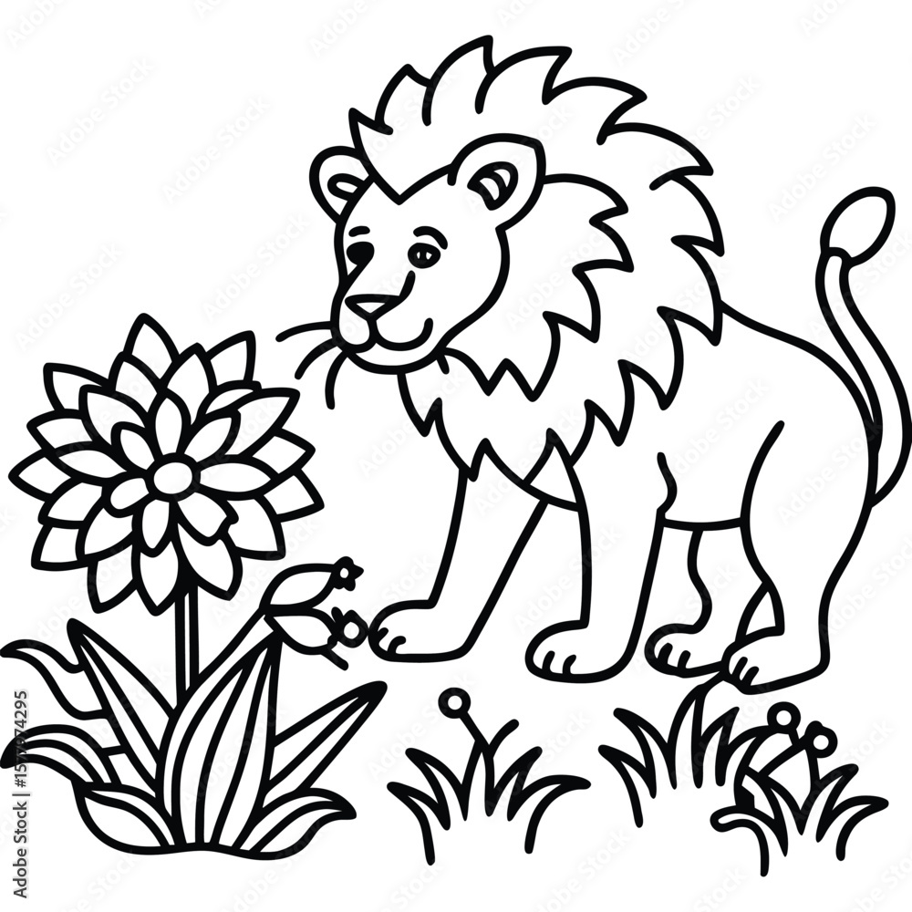 Fototapeta premium A lion in a garden with different activities kids coloring pages