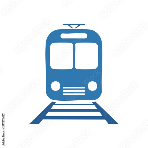 Simple illustration of a blue train on tracks, front view
