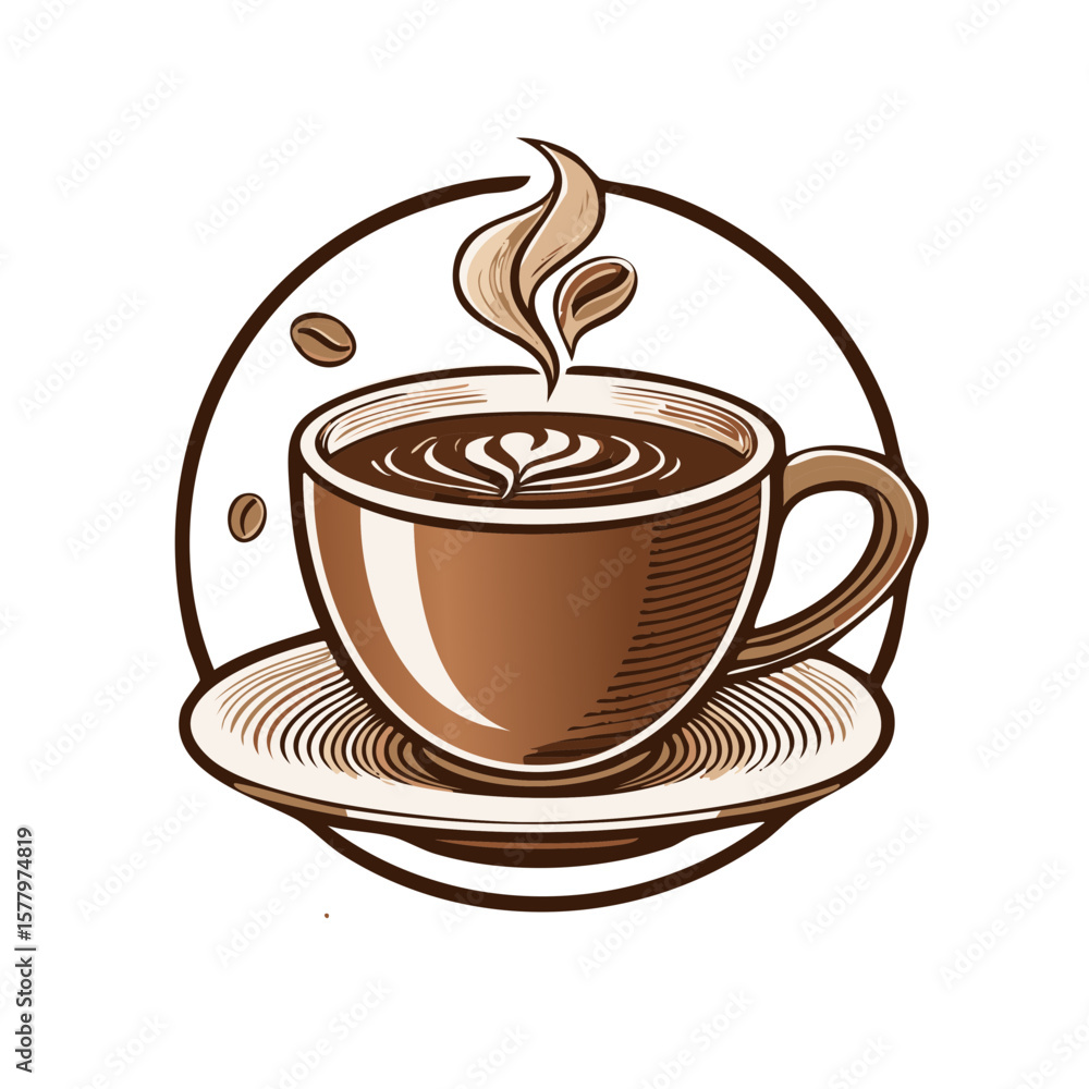 Obraz premium Steaming Cup of Coffee with Latte Art and Coffee Beans in Circular Frame Presentation