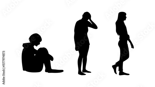 Sad and Grieving Human Silhouettes PNG Transparent Background – Sitting, Crouching, Standing