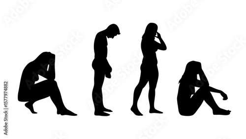 Sad and Grieving Human Silhouettes PNG Transparent Background – Sitting, Crouching, Standing