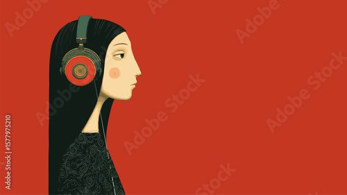 Trendy girl with headphones listening to music – minimalist hipster vector art on red background. Cool modern youth culture illustration for music, fashion, lifestyle themes.

