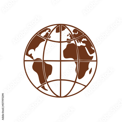 Simple Globe Icon with Gridlines: Brown World Map Silhouette on White