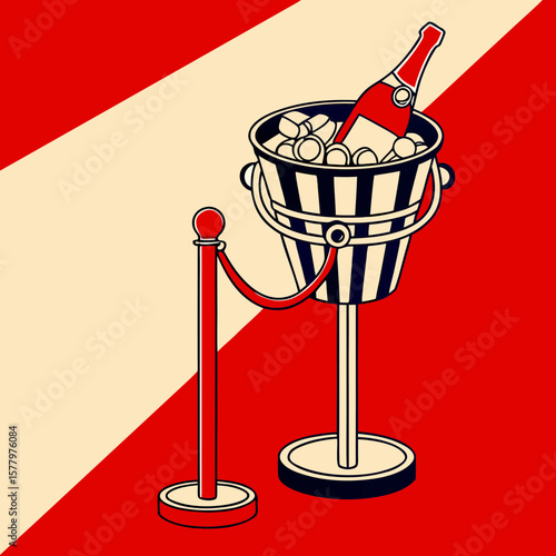 Champagne bucket filled with ice and wine on red background  