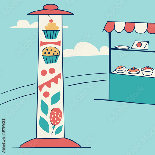 Dessert stand with decorative column and sweets in colorful style  