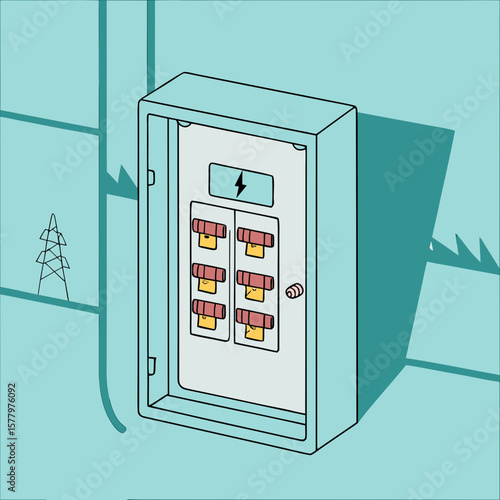 Electrical panel with circuit breakers on teal background  