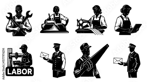 Workers laborers at work with tools and equipment