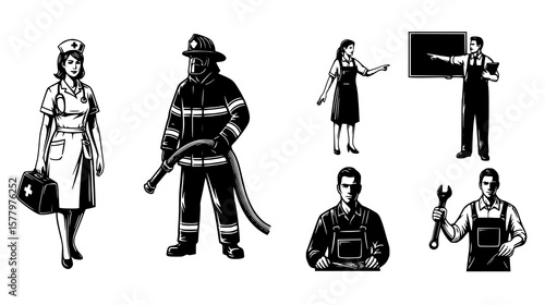 A collection of different professions in line art illustration showcases diverse career paths and labor roles.