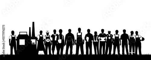 A silhouette shows a group of workers near an industrial plant with machinery representing labor and industry.