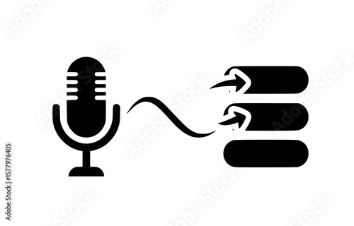 Depiction of a microphone emitting sound waves to data logs for voice to text conversion and storage.