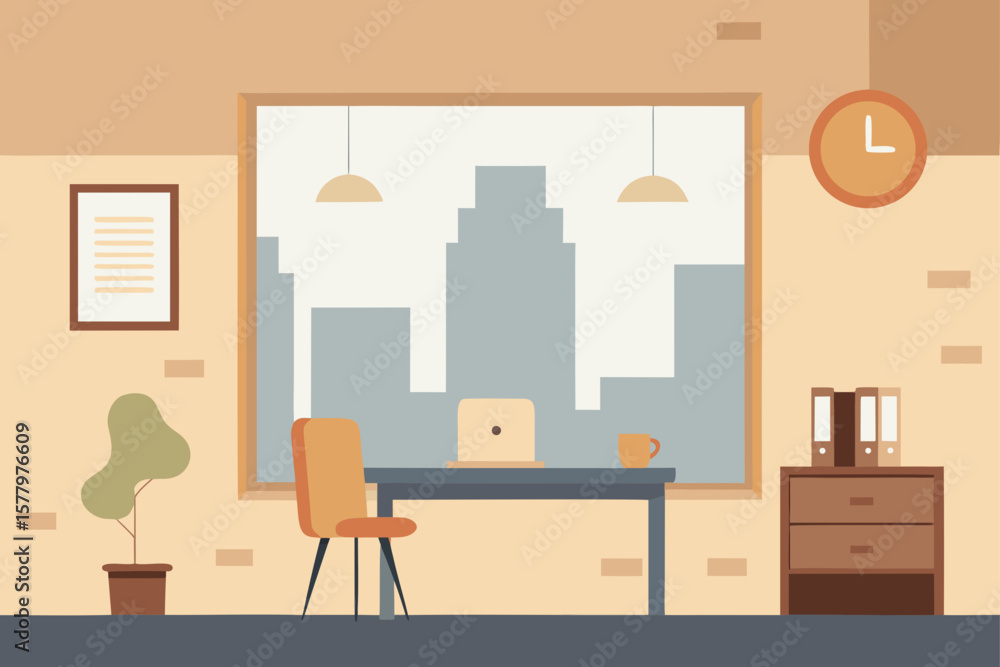 Modern office interior with furniture, desk, chair, and bookshelf vector illustration Modern office interior with furniture, desk, chair, and bookshelf vector illustration
