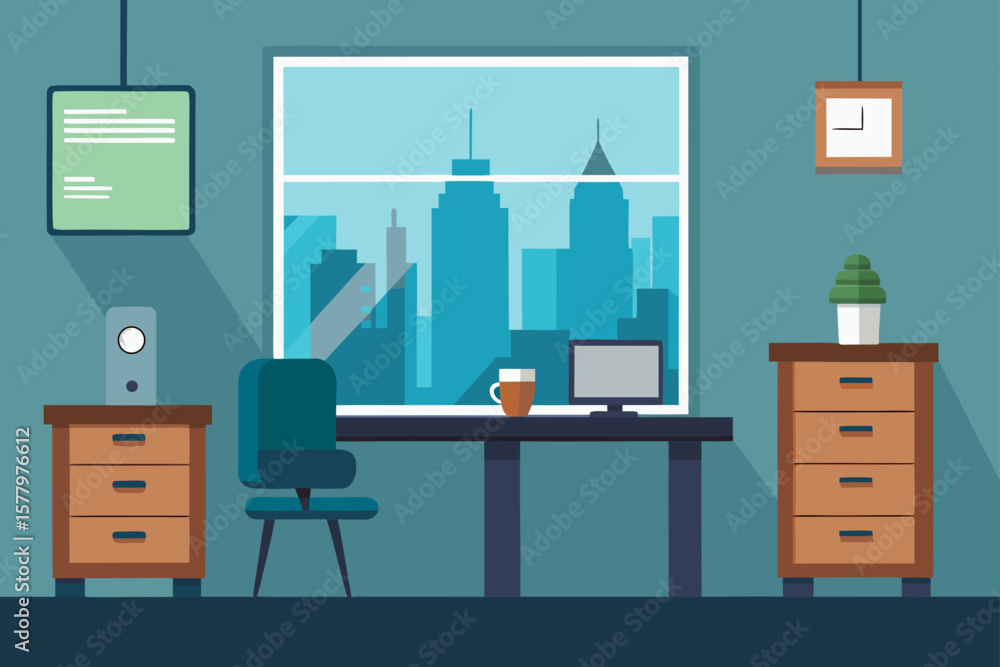 Modern office interior design with wooden furniture, including a desk, chair, and shelf, depicted in a vector illustration Modern office interior design with wooden furniture, including a desk, chair, and shelf, depicted in a vector illustration