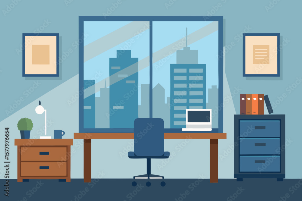 Modern office interior design with wooden furniture, shelves, and a work desk, vector illustration Modern office interior design with wooden furniture, shelves, and a work desk, vector illustration