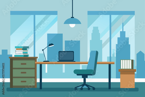 Modern office interior with an empty business desk, contemporary chair, and computer
