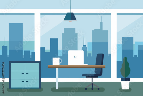 Modern office interior with desks, chairs, computers, and laptops, creating an empty yet functional business workplace design