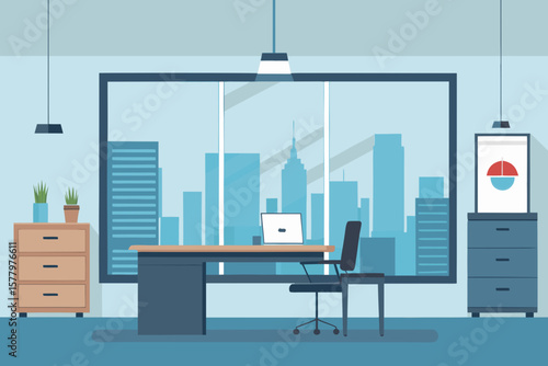 Modern office interior design featuring a spacious room with a sleek desk, computer, and ergonomic chair, all set against a large window