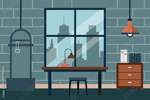 Modern office interior illustration with people working at desks with computers and chairs
