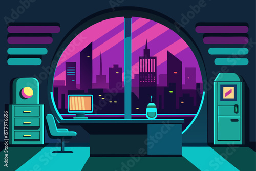 An urban street scene at night, featuring illuminated shop windows, towering city buildings, and the vibrant design of a bustling town