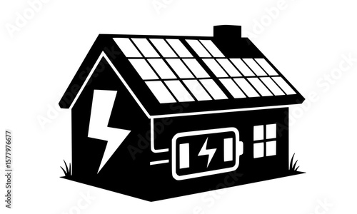 Illustration showing a house with solar panels and energy storage battery solution for sustainability
