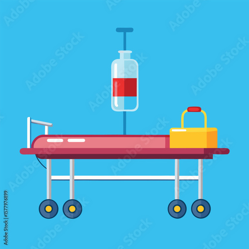 Flat illustration of a medical gurney with an iv drip and a medical supply box ready for healthcare usage.