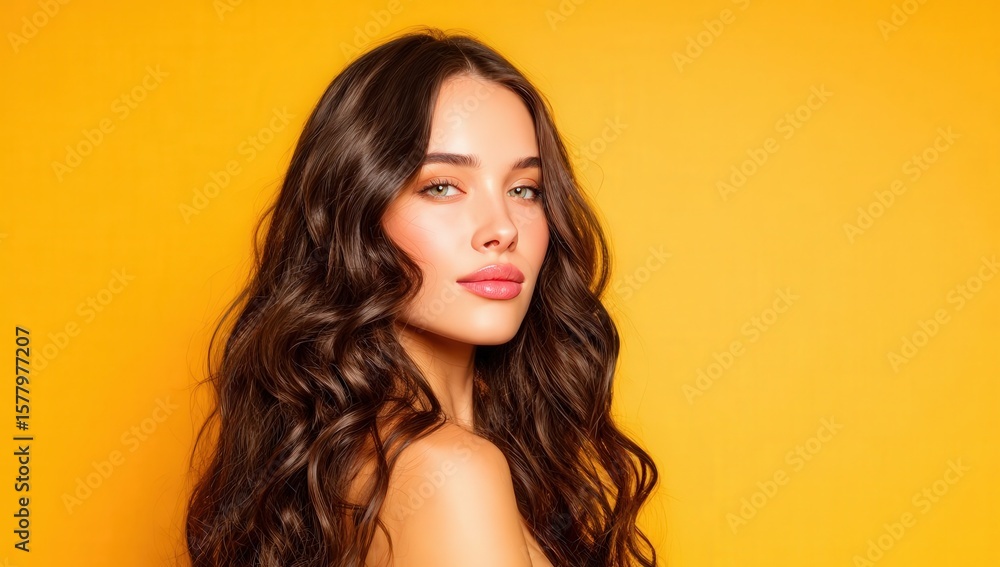 Fototapeta premium Blonde woman with long, wavy hair poses against a pastel orange backdrop, showcasing a fashionable look ideal for beauty and cosmetic advertising with ample copy space.