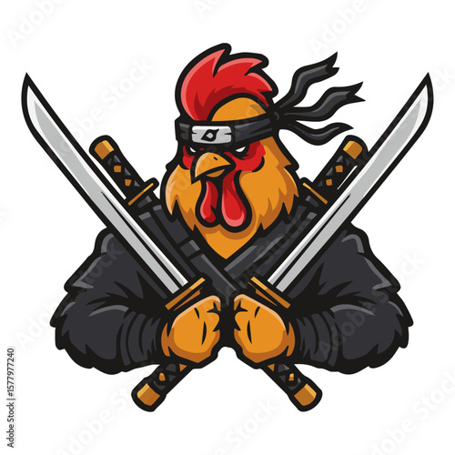 Brave cartoon rooster samurai with dual katanas. Courage, discipline, Japanese culture, martial arts. Powerful, dynamic, heroic. Fierce warrior spirit.