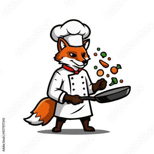 Skilled cartoon fox chef with frying pan, spatula, hat. Culinary art, delicious food, cooking. Gourmet preparation, playful flair. Professional kitchen fun.