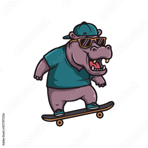 Cool cartoon hippo skateboarder. Urban sports, freedom, youth culture. Dynamic outdoor activities. Playful, energetic, extreme. Adventurous and hip street fun.