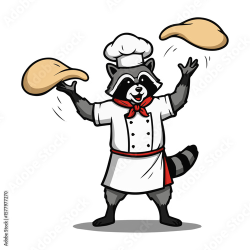 Cartoon raccoon pizza maker. Tossing dough, chef hat. Culinary skill, Italian food, fast food, joy of cooking. Playful baking fun. Delicious preparation.
