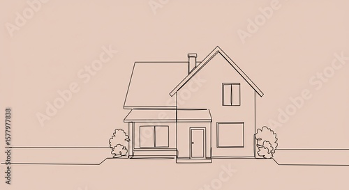 Simple Line Drawing of Modern House with Trees in Suburban Setting
