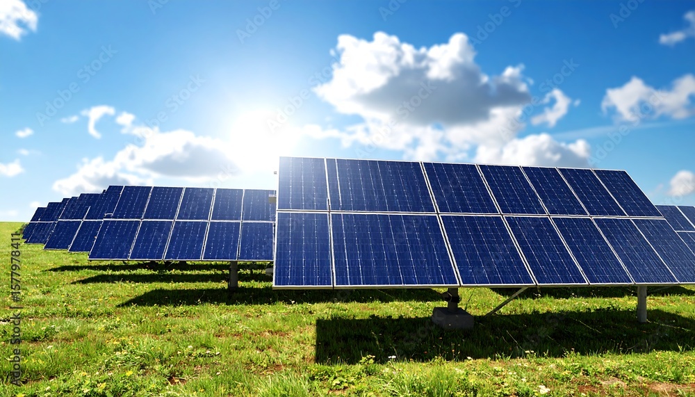 Solar panels on a grassy field under a bright sky Solar panels on a grassy field under a bright sky