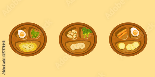 Nutritious baby meal in a wooden plate for MPASI or baby-led weaning. Includes soft, balanced food portions ideal for toddlers and healthy eating themes.