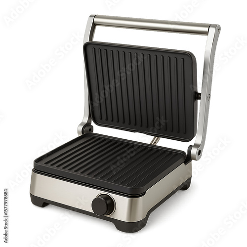 Electric panini maker in open stainless steel body with ribbed grill plates isolated on transparent background