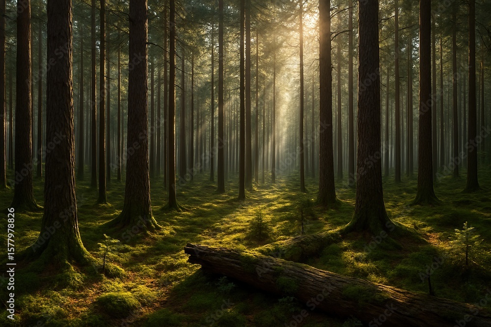 Obraz premium A dense pine forest with sunlight filtering through the branches, shadows dancing on the mossy floor.