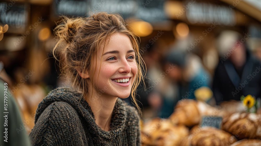 Obraz premium Smiling woman enjoys shopping at vibrant outdoor market in London
