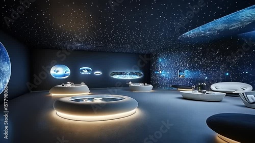 Futuristic Lounge Interior with Starry Ceiling and Planetarium Experience