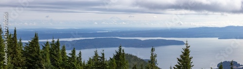 A panoramic view from Mt Walker with Mt Rainier in the distance