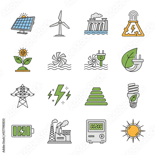 Renewable Energy and Power Generation Icons Set - Clean Energy Concepts Vector Illustration