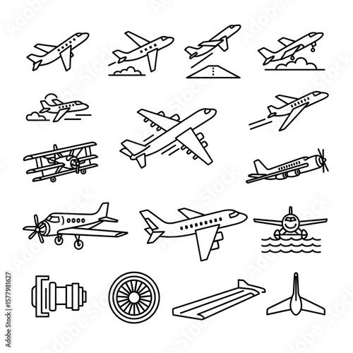 Airplane Icons Set, Commercial Aviation Line Art Vector Illustration