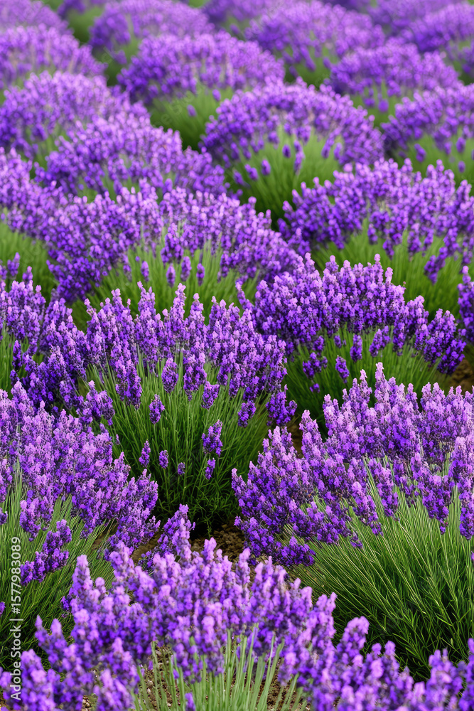 Naklejka premium Lavender flowers are blooming in a field, creating rows of vibrant purple. Nature, floral beauty, tranquility, agriculture