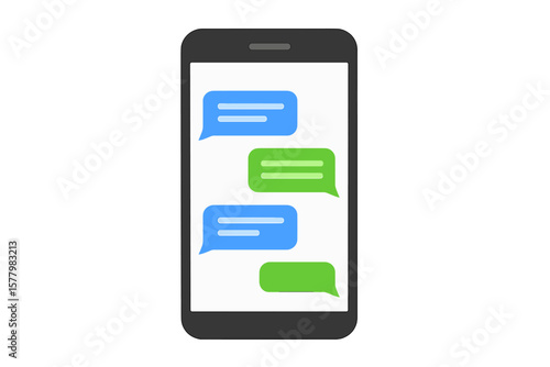 Flat messages bubbles on phone screen. Vector illustration of smartphone with chat conversation. Short message service bubbles, dialog concept. Communication, messenger design.