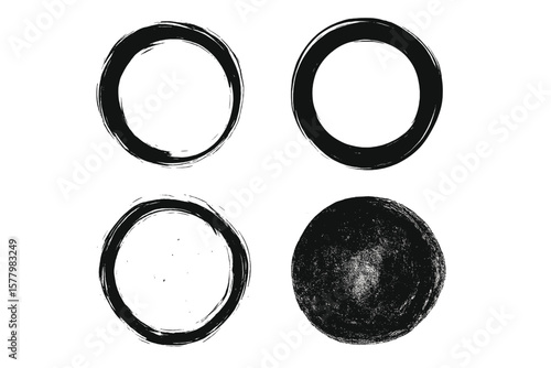 Grunge Circle Vector Set of 4, Hand Drawn Rough Circular Brushstroke, Abstract Ink Circles, Grungy Round Shape, Artistic Texture, Black Brush Stroke, Isolated on Transparent Background