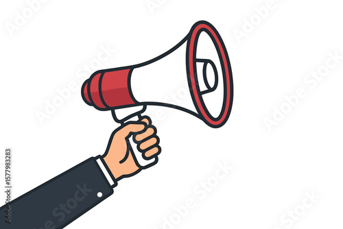 Hand Holding Megaphone Vector. Loudspeaker, Bullhorn, Speaker Icon. Business Promotion, Marketing Announcement, Advertising Concept. Social Media Alert, Communication Symbol, Copy Space.
