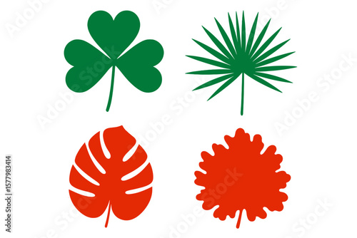 Botanical Leaf Silhouette Vector Set of 4 – Green Clover, Palm, Red Monstera, Maple Bush Top View – Flat Plant Icons for Nature, Eco, Tropical, Garden, and Floral Design