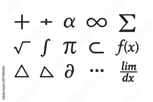Comprehensive Mathematics Symbols Vector Set – Plus, Minus, Infinity, Pi, Sigma, Integral, Delta, Alpha, Function, Summation, Square Root, Triangle, Calculus, Educational Illustration
