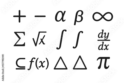 Mathematical symbols vector set with addition, subtraction, alpha, beta, infinity, sigma, square root, integral, pi, subset, set theory, calculus, algebra icons