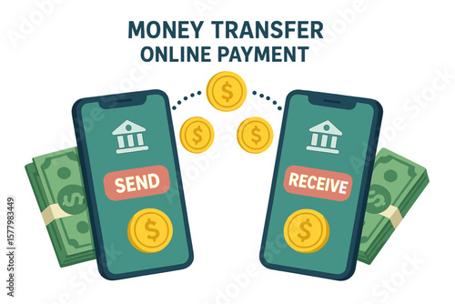 Mobile Money Transfer and Online Payment Concept. Sending and Receiving Funds Wirelessly via Banking App on Smartphone. Digital Capital Flow, Financial Savings, Economy, Earning