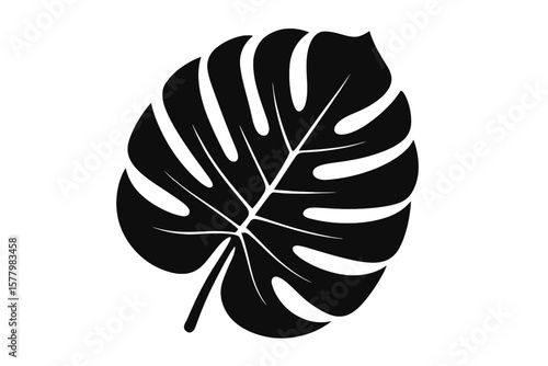 Monstera Leaf Silhouette Vector, Tropical Plant Foliage, Black Monstera Deliciosa Leaf on White Background, Nature Inspired Botanical Clipart for Wall Art, Textile, Pattern, Decor