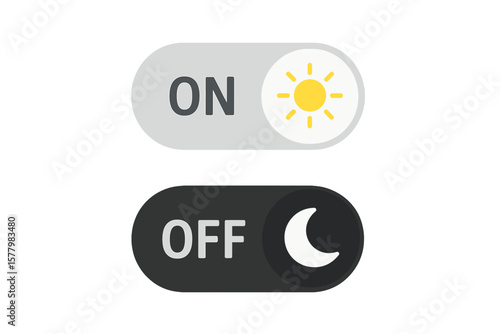 Day Night Toggle Switch Vector. On Off Light Dark Mode Buttons. Sun Moon Icon UI Elements. Mobile App Web Interface Design. Day Night Theme Switcher Animation Concept
