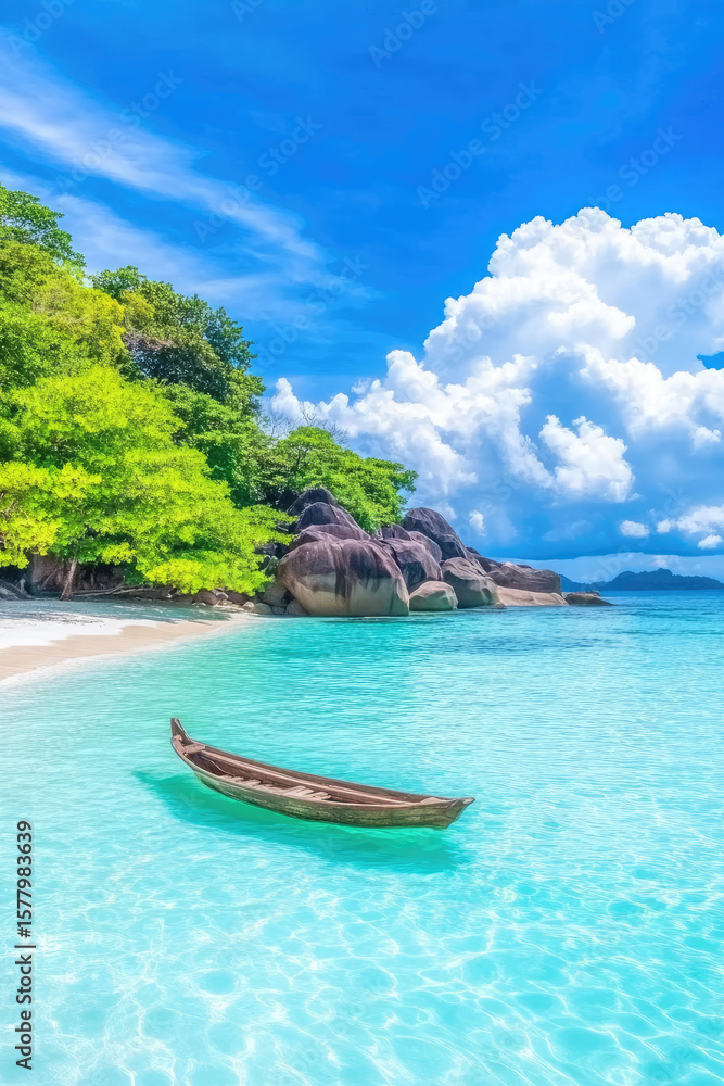 Obraz premium A wooden boat floats on clear turquoise water near a sandy beach with lush greenery and large rocks under a bright blue sky with fluffy clouds. Serene tropical paradise scene